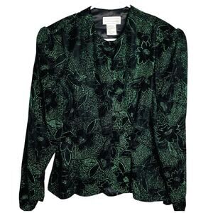 Vtg Scott McClintockWomens Velvet Blazer Jacket Size 14 Green Glitter Floral USA